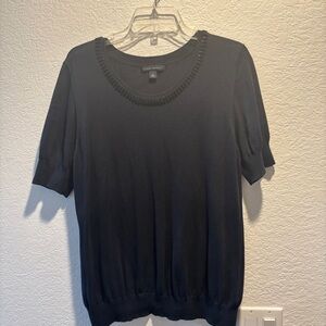 Banana Republic Navy Short Sleeve Knit Top with Beaded Neck Trim